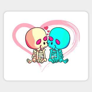 Two romantic skeletons kiss with pink heart in background Magnet